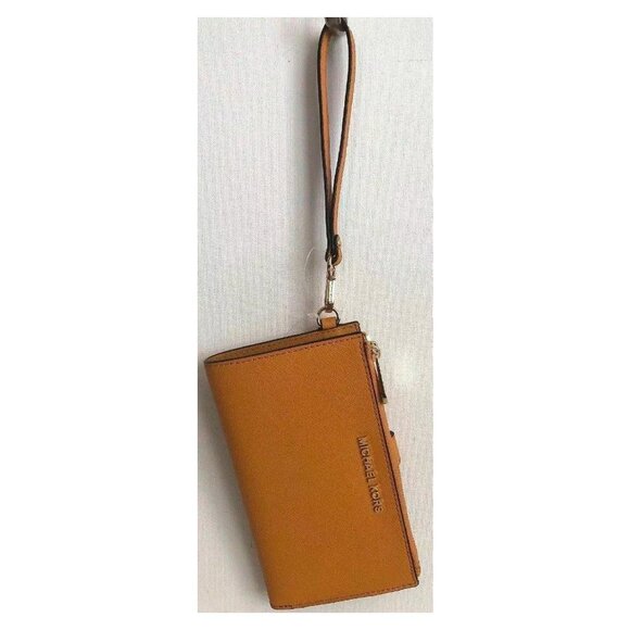 S Michael Kors Jet Set Travel Double-Zip Wristlet Marigold Leather Yellow NWT - Picture 4 of 10